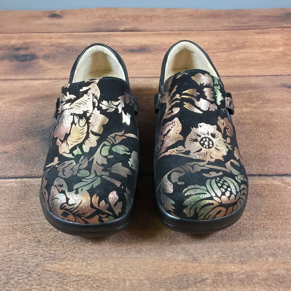 Alegria Kasha Clogs Womens 38 Black Metallic Floral Good Slip On KAR-557X